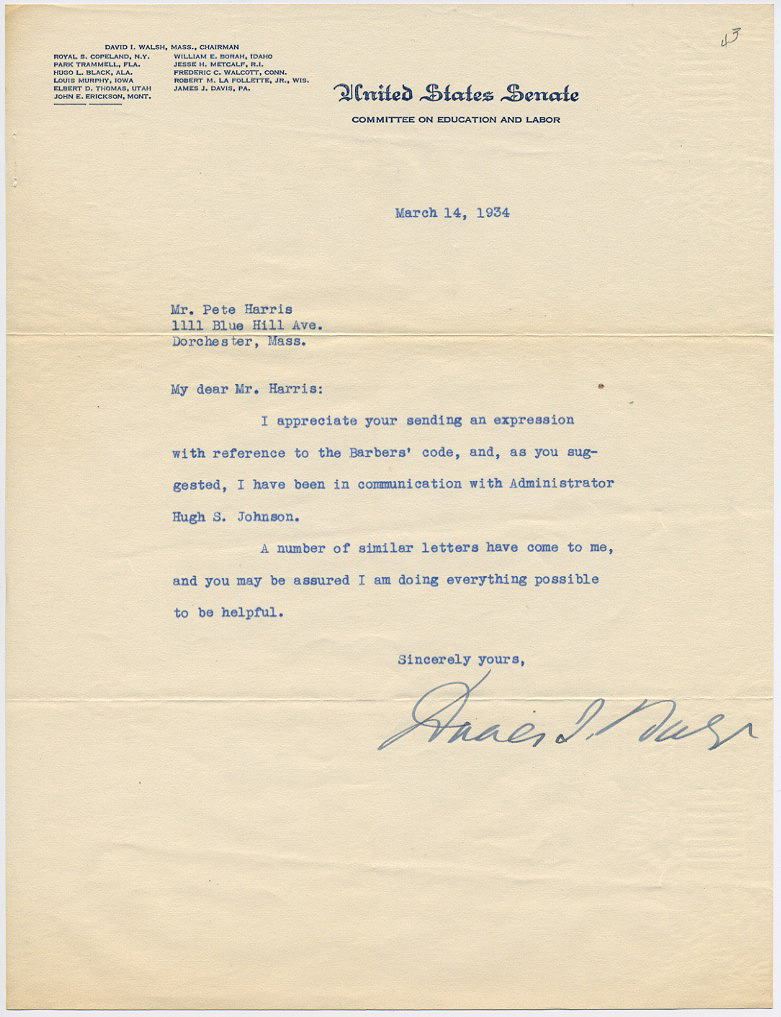 Mass US Senator David I Walsh Signed Letter 1934
